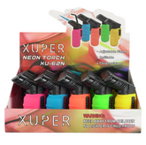 Xuper Neon Refillable Butane Torch Lighters – 20 Count Display – Windproof Flame (Model XU-62N)