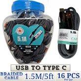 THUNDER BAY USB to Type-C Braided Fast Charging Cable – 1.5m (5ft) | Heavy-Duty Quick Charge Data Cable (16-Packs) – Item No. E-90170