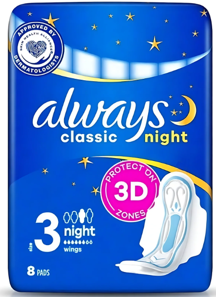 Always Classic Night 3D Protection Pads with Wings – Size 3 | 8 Pads per Pack (Pack of 18)