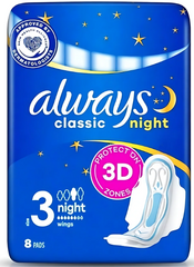 Always Classic Night 3D Protection Pads with Wings – Size 3 | 8 Pads per Pack (Pack of 18)
