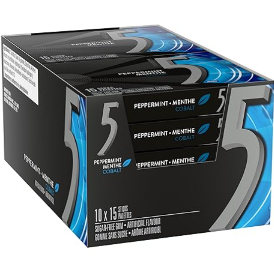 5 Gum Peppermint Cobalt Chewing Gum - 10 Packs | 15 Sticks Each