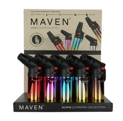 Maven Alpha+ Chrome Torch Lighters – Refillable Jet Flame, Rotatable Nozzle – 15ct Assorted Display for Wholesale