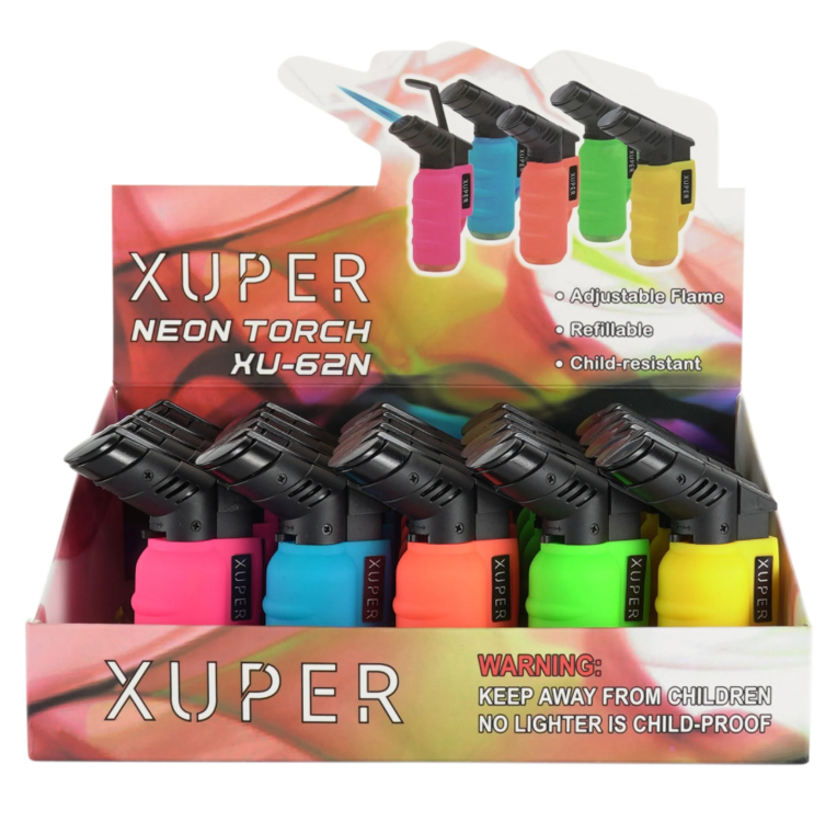 Xuper Neon Refillable Butane Torch Lighters – 20 Count Display – Windproof Flame (Model XU-62N)