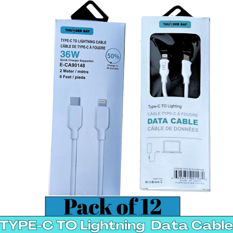 THUNDER BAY 36W Type-C to Lightning Fast Charging Data Cable – 2m (6ft) Quick Charge iPhone Cable | Pack of 12 | Item No. E-CA90148