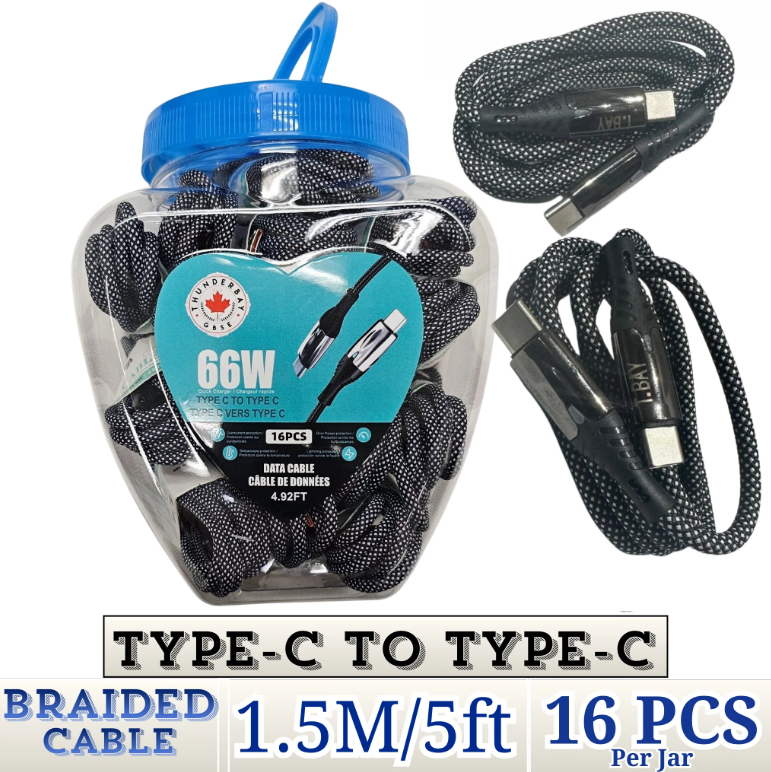 THUNDER BAY Type-C to Type-C Braided Fast Charging Cable – 1.5m (5ft), Heavy-Duty 5A Quick Charge Data Cable (16-Packs)