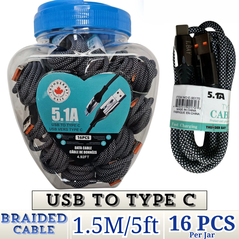 THUNDER BAY USB to Type-C Braided Fast Charging Cable – 1.5m (5ft) | Heavy-Duty Quick Charge Data Cable (16-Packs) – Item No. E-90170