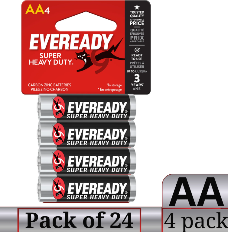 Eveready Super Heavy Duty AA Carbon Zinc Batteries – 4-Count per Pack, (24 Packs)