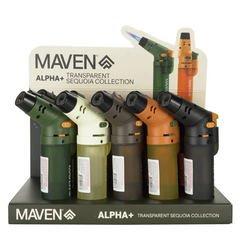 Maven Alpha+ Transparent Sequoia Torch – 8-Point Adjustable Flame | Transparent Refillable | 15ct Display