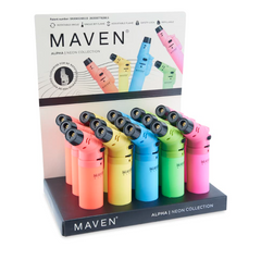 Maven Alpha+ Neon Torch Lighters – Refillable Jet Flame – 15ct Wholesale Display