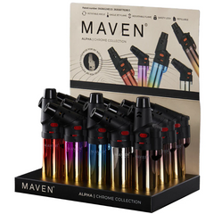 Maven Alpha+ Chrome Torch Lighters – Refillable Jet Flame, Rotatable Nozzle – 15ct Assorted Display for Wholesale